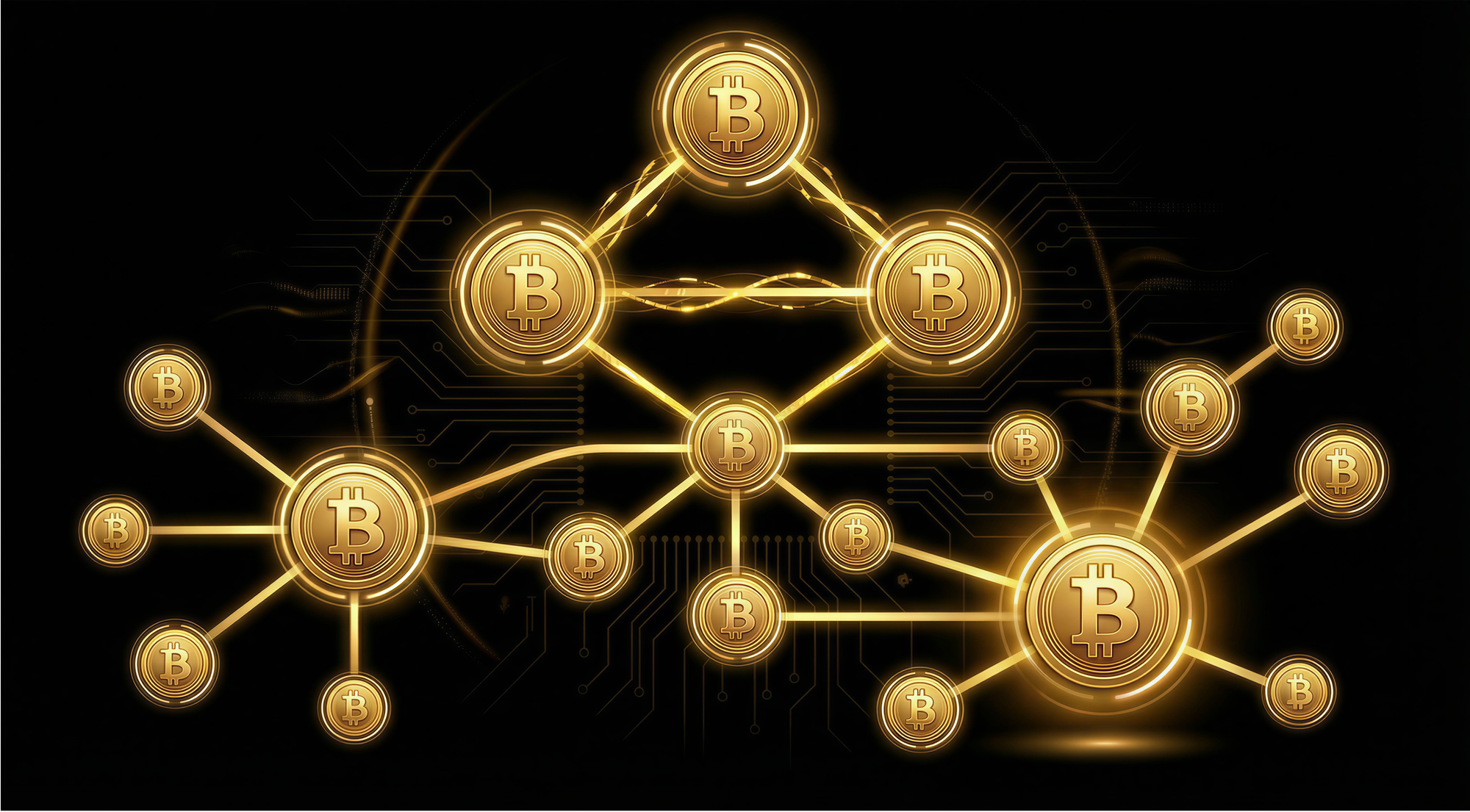 Golden Bitcoin symbols connected in a peer-to-peer network pattern against a dark background with circuit board elements representing blockchain node connections