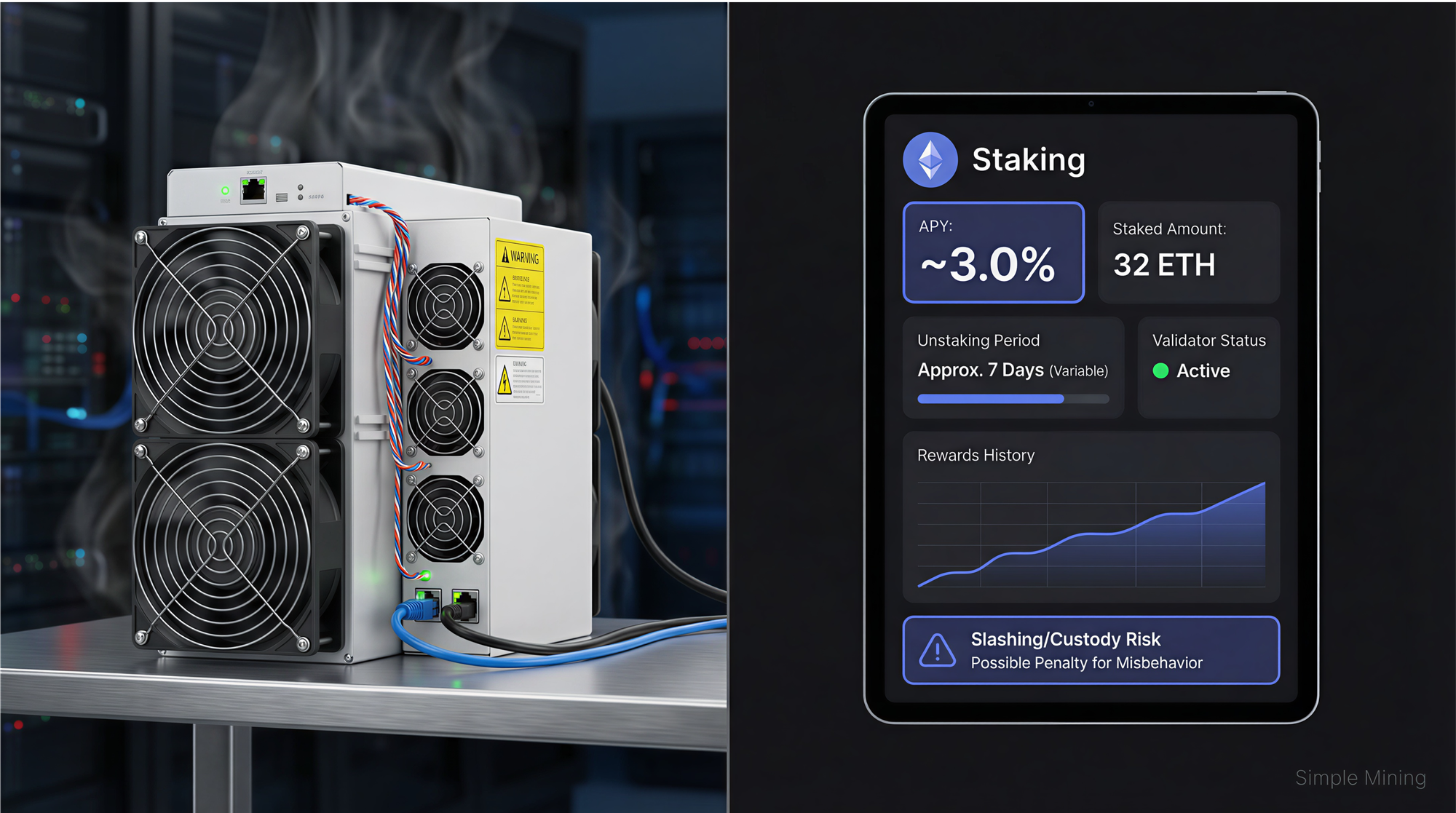 Bitcoin ASIC miner in data center next to Ethereum staking dashboard showing 3% APY, 32 ETH staked, 7-day unstaking period, and slashing risk warning