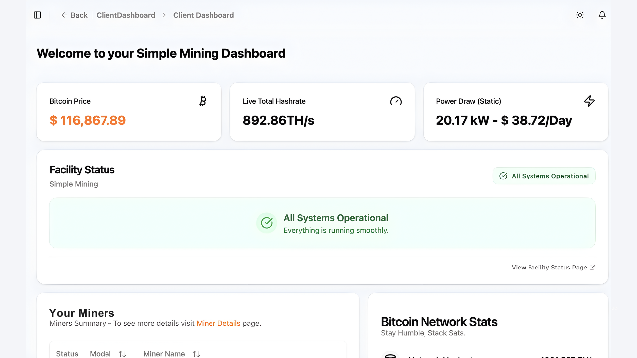 Simple Mining client dashboard displaying Bitcoin price, live hashrate of 892 TH/s, daily power costs, and facility status showing all systems operational