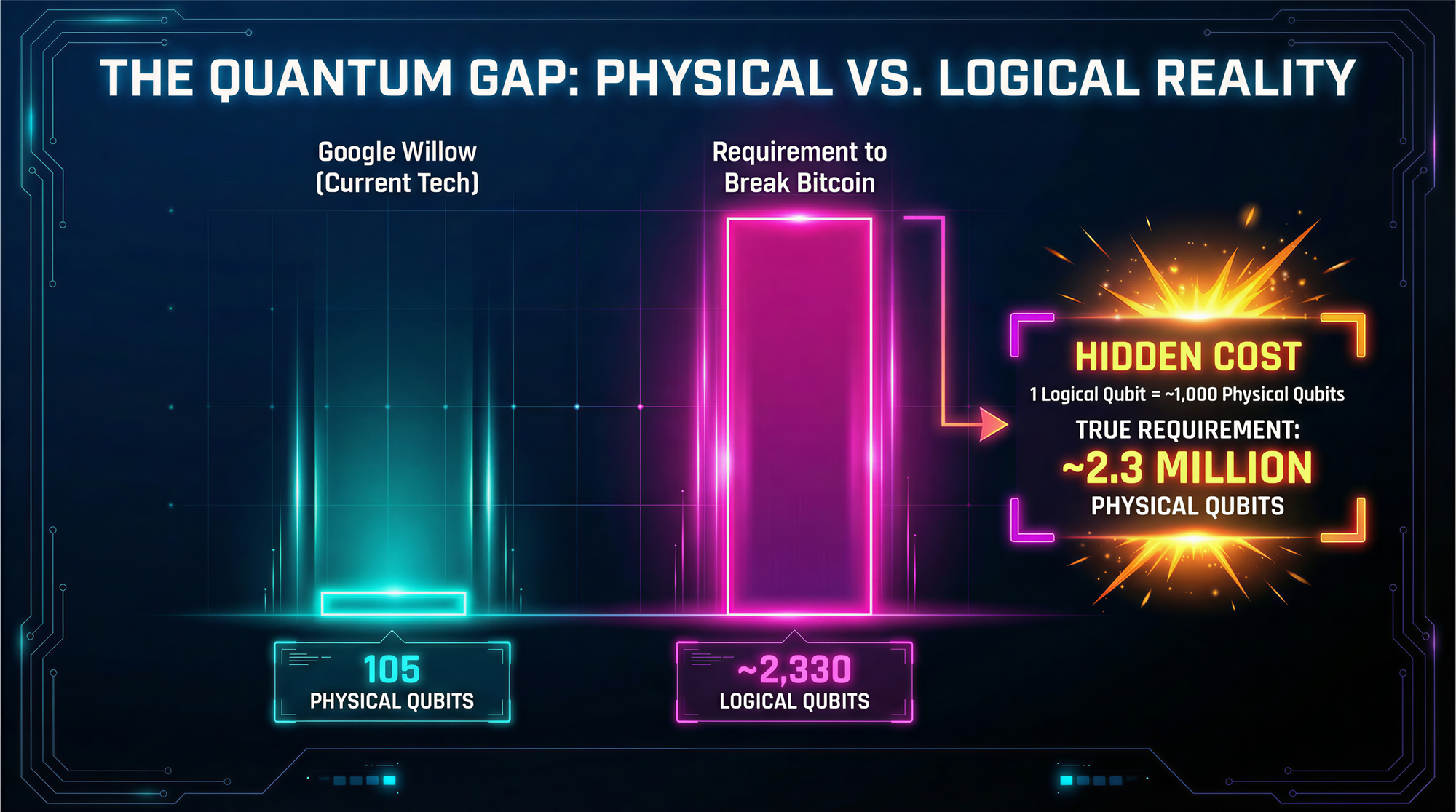 Comparison chart titled "The Quantum Gap" illustrating the difference between Google Willow's 105 physical qubits and the 2,330 logical qubits required to break Bitcoin. A callout highlights the "Hidden Cost" of error correction, showing that because 1 logical qubit equals ~1,000 physical qubits, the true hardware requirement is approximately 2.3 million physical qubits.