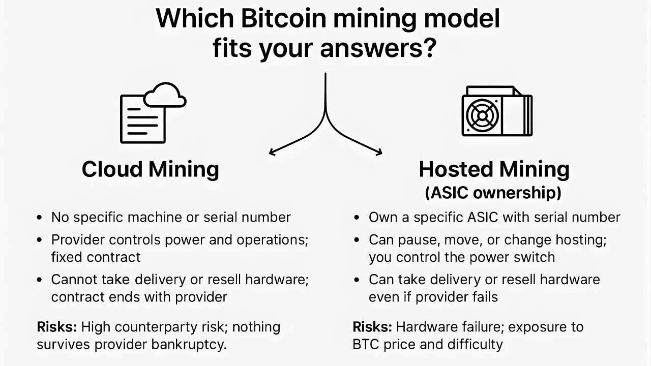 Minimalist infographic titled “Which Bitcoin mining model fits your answers?” showing two columns. The left side, labeled “Cloud Mining” with a contract-and-cloud icon, lists: no specific machine or serial number; provider controls power and operations with a fixed contract; cannot take delivery or resell hardware, contract ends with provider; risks include high counterparty risk and nothing surviving provider bankruptcy. The right side, labeled “Hosted Mining (ASIC ownership)” with an ASIC miner icon, lists: own a specific ASIC with serial number; can pause, move, or change hosting and control the power switch; can take delivery or resell hardware even if provider fails; risks include hardware failure and exposure to BTC price and difficulty.