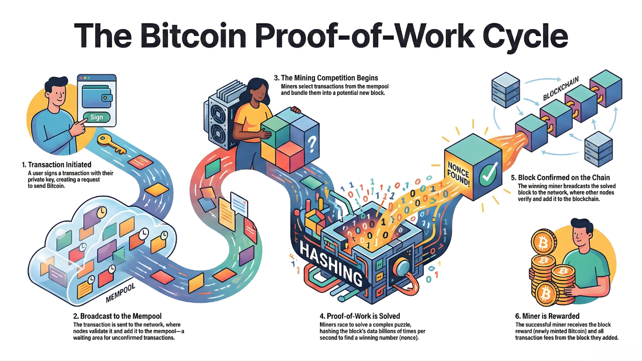 Illustrated diagram of the Bitcoin proof-of-work cycle showing six steps: transaction initiated with private key signing, broadcast to the mempool, mining competition begins with block assembly, proof-of-work solved through hashing to find the nonce, block confirmed on the blockchain, and miner receives the block reward plus transaction fees