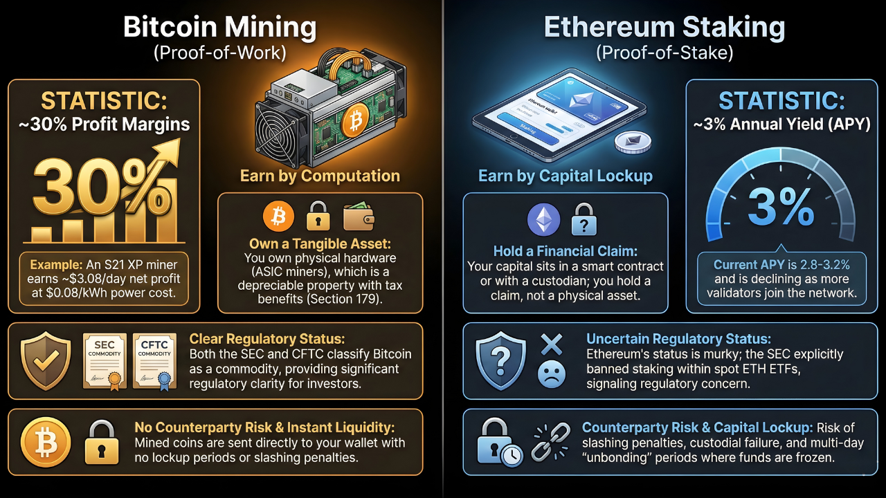 Infographic comparing Bitcoin mining with 30% profit margins and SEC/CFTC commodity status versus Ethereum staking with 3% APY, uncertain regulation, and capital lockup risks