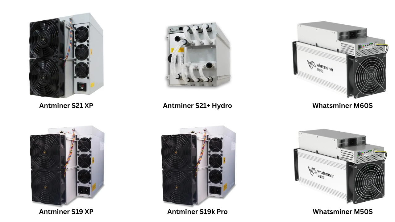A comparison grid of six high-performance ASIC miners: the Antminer S21 XP, Antminer S21+ Hydro, and Whatsminer M60S (top row); and the Antminer S19 XP, Antminer S19k Pro, and Whatsminer M50S (bottom row).