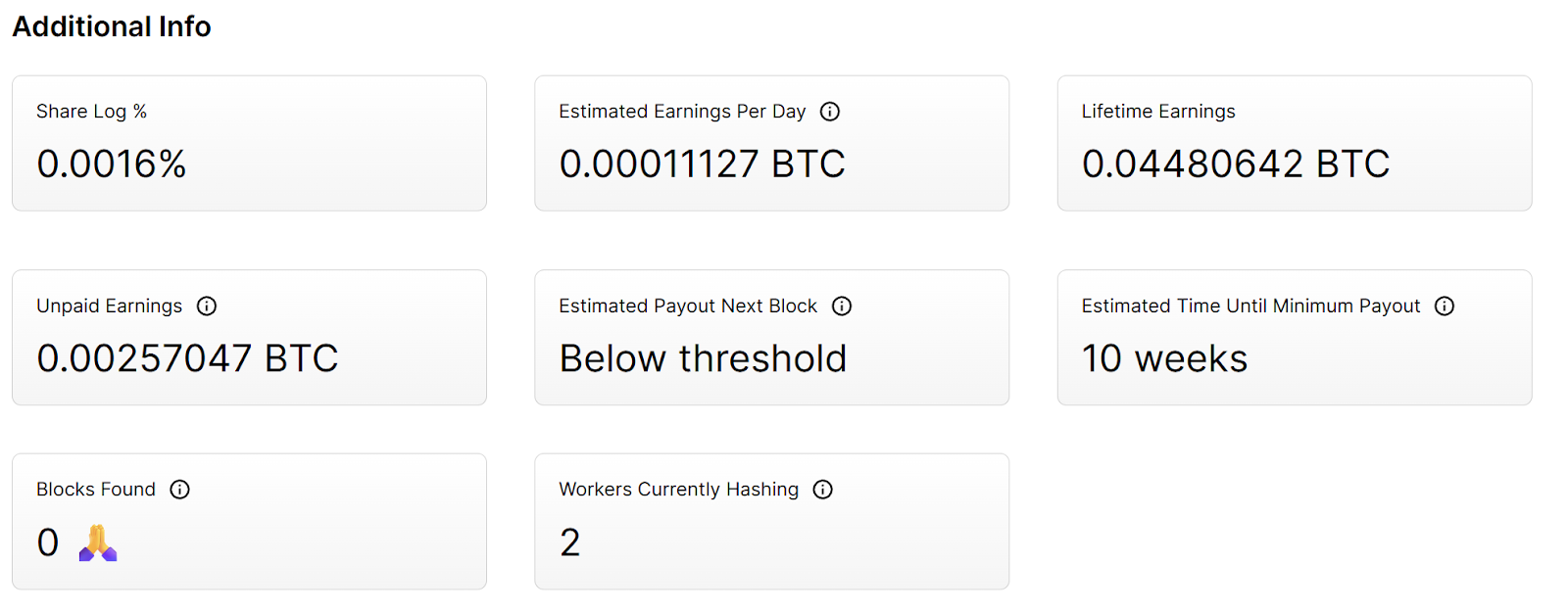 Screenshot of the Ocean Mining Pool dashboard showing "Additional Info" with stats for Share Log, Estimated Earnings Per Day, Lifetime Earnings, and Workers Currently Hashing.