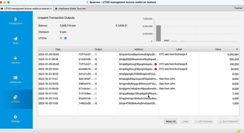 Sparrow Wallet UTXO selection screen showing multiple unspent outputs used for a consolidation transaction.