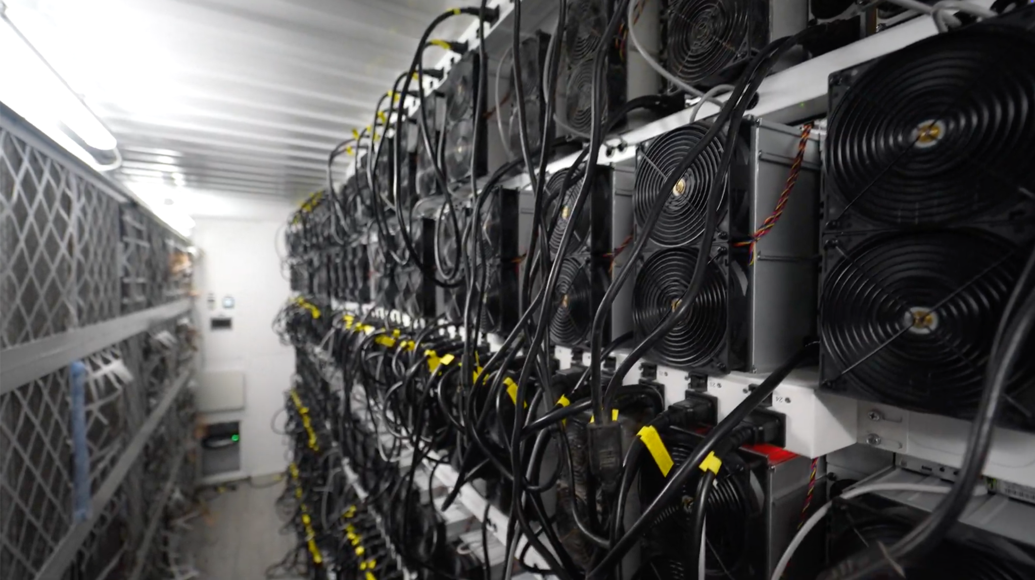 Internal view of a professional Bitcoin mining container with rows of ASIC miners and organized power cabling.