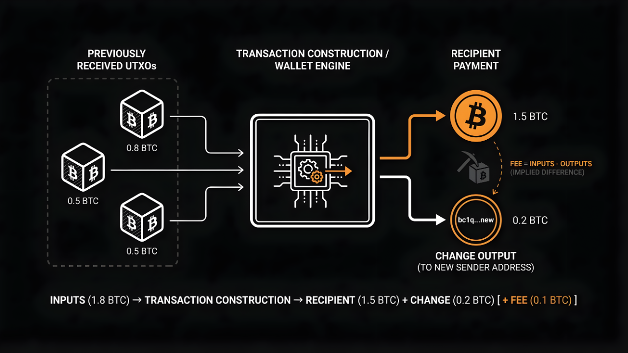 Infographic showing the anatomy of a Bitcoin transaction: 1.8 BTC in UTXO inputs enter a wallet engine to create a 1.5 BTC payment, a 0.2 BTC change output, and a 0.1 BTC miner fee.