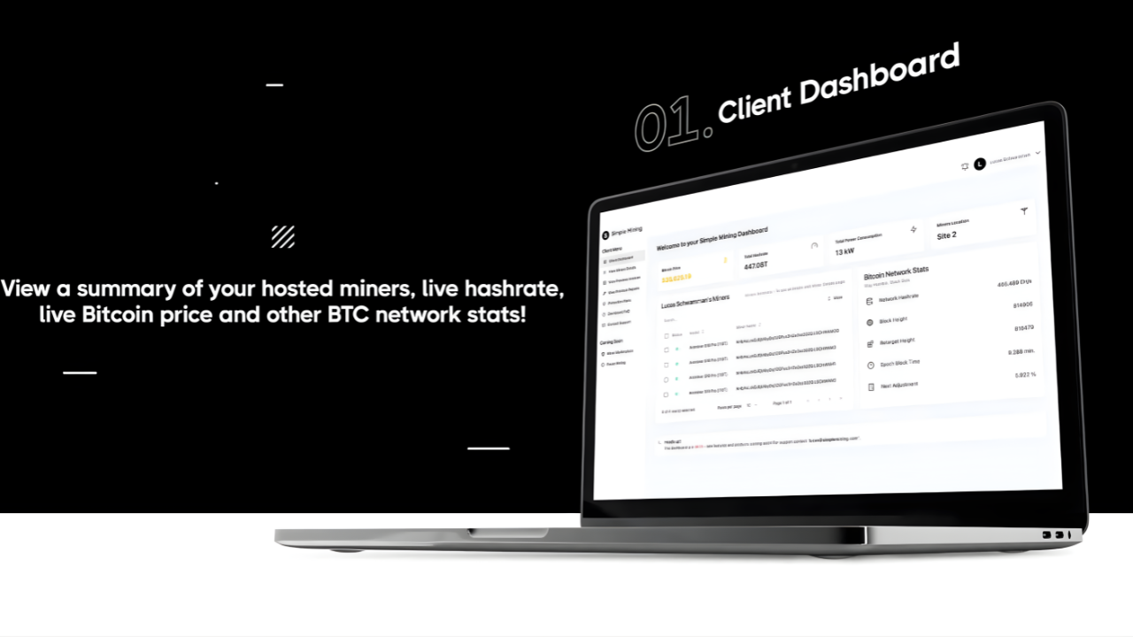 A laptop computer displaying the Simple Mining Client Dashboard interface on its screen, angled slightly to the right. Text on the left reads: "View a summary of your hosted miners, live hashrate, live Bitcoin price and other BTC network stats!" A heading on the right reads: "01. Client Dashboard." The screen displays various data charts, tables with miner lists, and navigation menus.