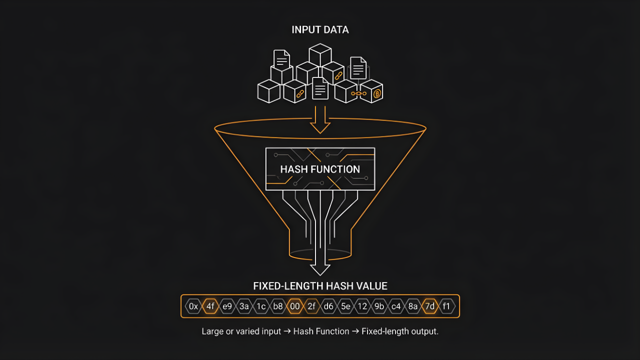 Diagram showing varied input data entering a funnel labeled Hash Function and emerging as a fixed-length hexadecimal hash value, illustrating the one-way data transformation process.