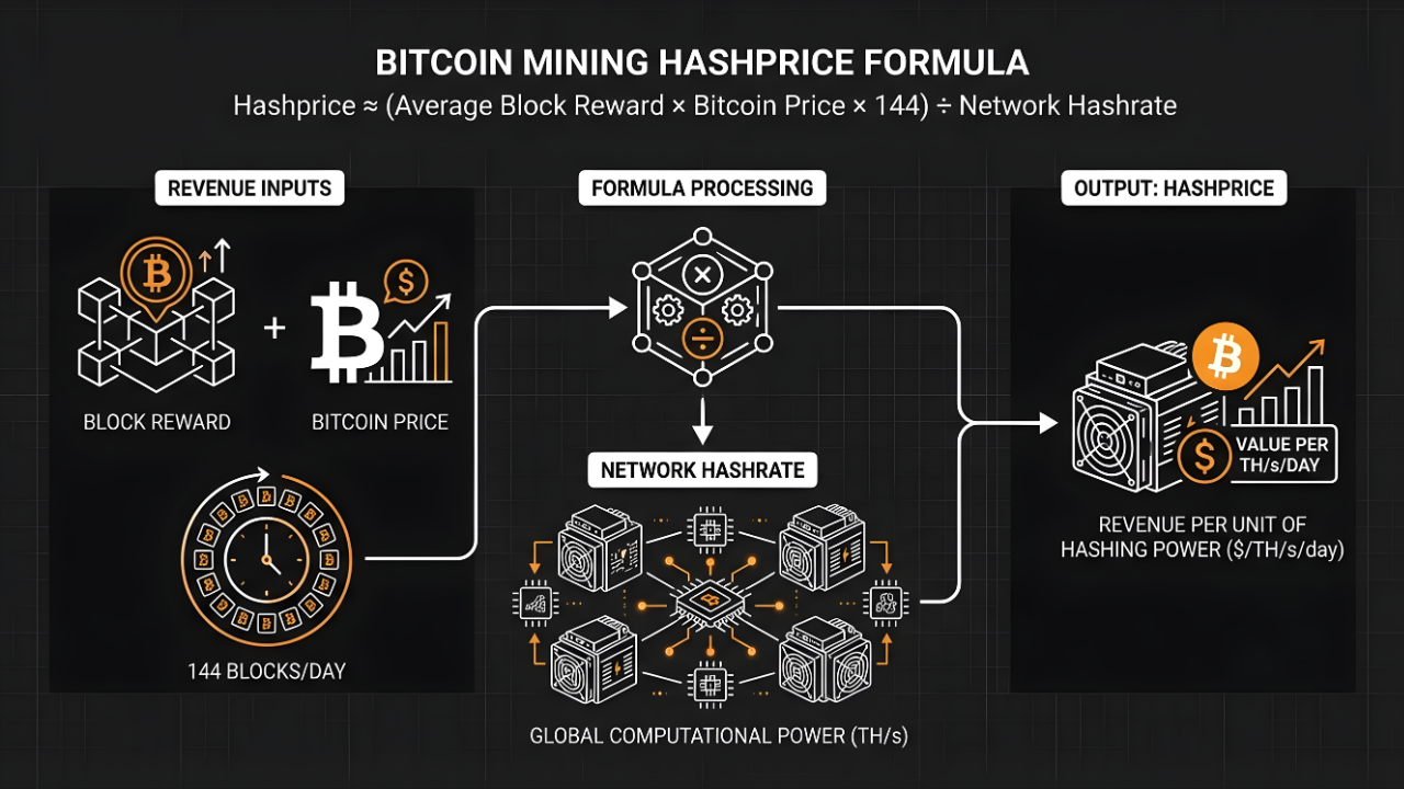 Bitcoin mining hashprice formula diagram showing average block reward, Bitcoin price, and 144 blocks per day divided by network hashrate to produce a daily revenue value per terahash.