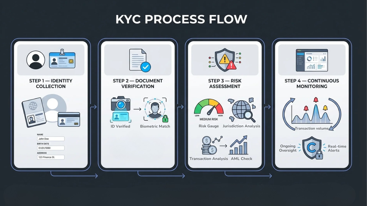 Infographic titled KYC Process Flow detailing the four steps: Identity Collection, Document Verification, Risk Assessment, and Continuous Monitoring with icons for ID cards, biometric matching, and real-time alerts.