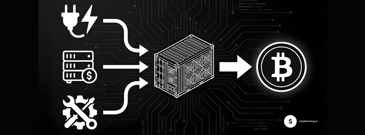 Diagram showing Bitcoin mining cost inputs: electricity, hosting, and repairs flowing through an ASIC miner to produce Bitcoin, with circuit board background