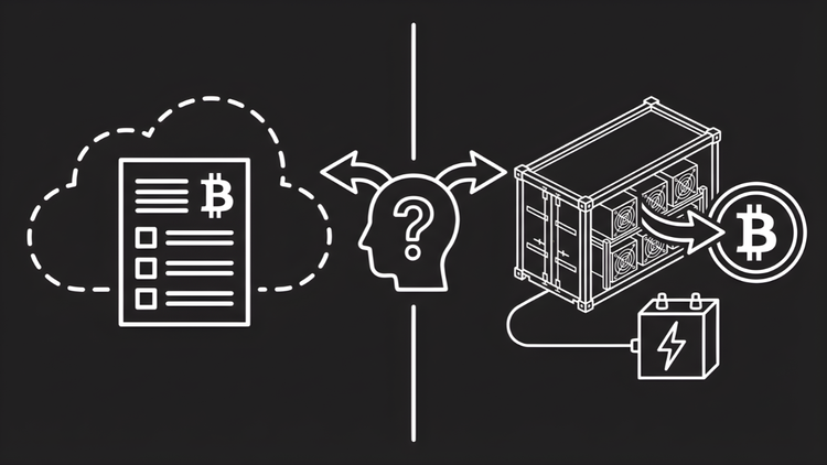 Line-art hero image comparing cloud mining vs hosted mining: cloud contract on the left, person deciding in the center, physical container of ASIC miners and Bitcoin symbol on the right.