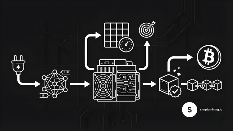 Infographic showing the Bitcoin mining process: electricity flows into an ASIC miner that solves proof-of-work puzzles to validate blocks on the blockchain and earn Bitcoin rewards
