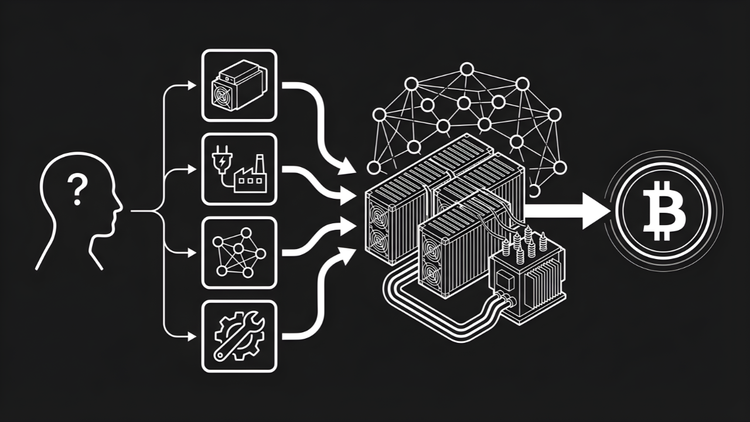 Flowchart showing how to start Bitcoin mining: investor selects ASIC hardware, hosting, mining pool, and maintenance, which combine into mining operations that produce Bitcoin