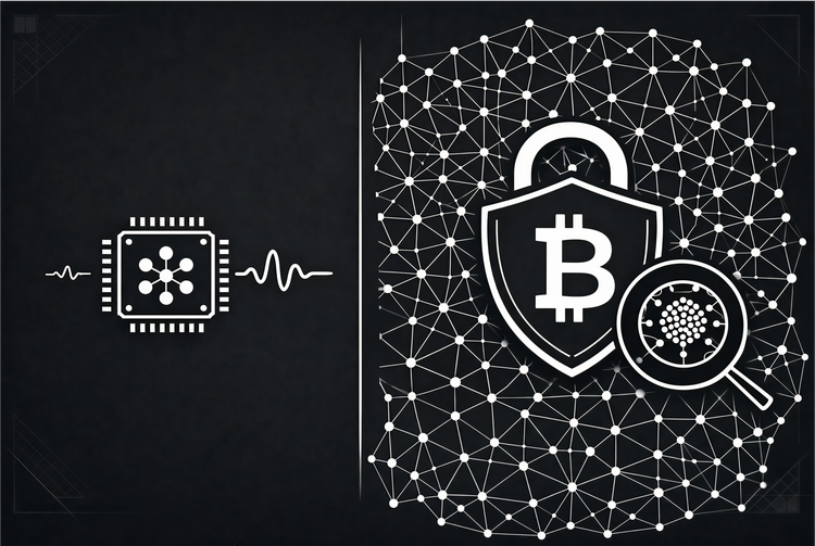Minimalist vector of the 'Quantum Gap': tiny physical quantum chip (left) vs massive logical qubit shield lattice (right), highlighting the immense scale difference.