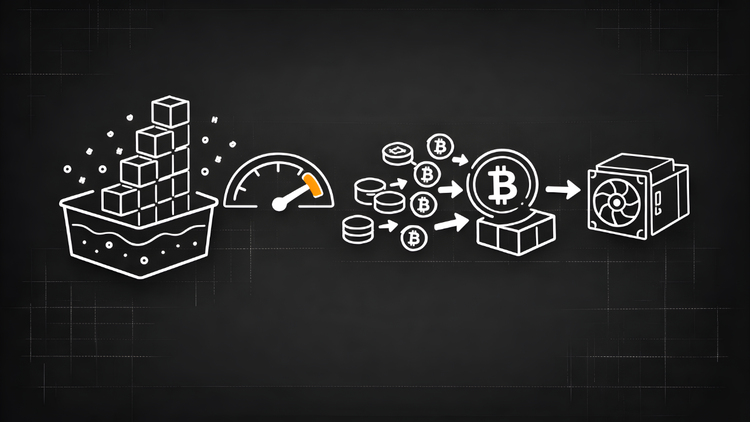 Diagram showing the mempool, a fee-rate gauge, and transactions being prioritized into a block by miners.