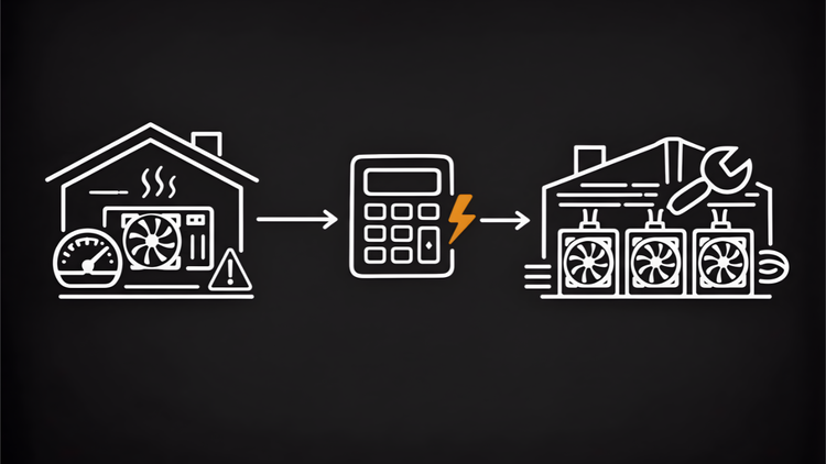 Diagram comparing home vs hosted Bitcoin mining: a house with one hot miner leads through a cost calculator to a professional facility with multiple units and repair tools.