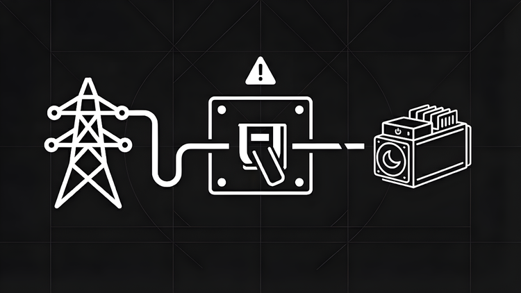 Line-art of the curtailment process: a power grid tower connected to an "off" circuit breaker leading to a Bitcoin miner in sleep mode on a dark background.