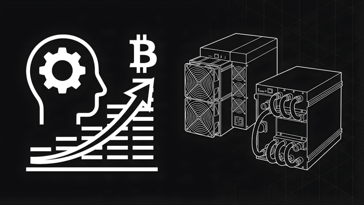 Graphic for Best Bitcoin Miners for 2026 showing an upward-trending bar chart with a gear icon and a Bitcoin symbol next to illustrations of air-cooled and hydro-cooled ASIC mining hardware.