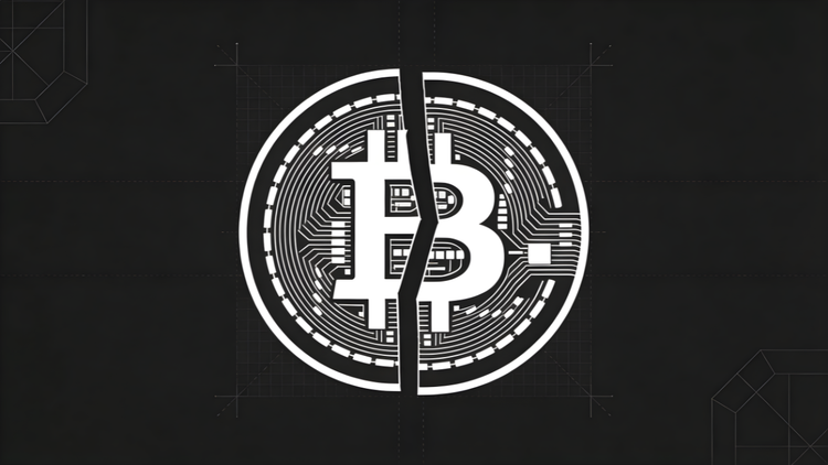 A minimalist line-art graphic of a Bitcoin symbol split down the center on a dark blueprint-style background, representing the Bitcoin halving event.