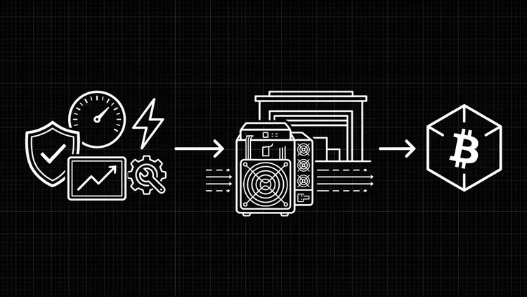 An icon-based process diagram showing a secured ASIC miner connecting to a professional data center, resulting in the production of Bitcoin.