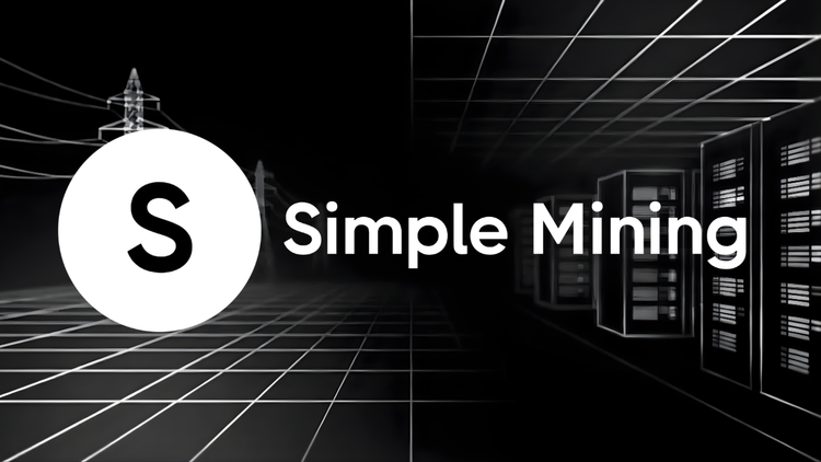 Simple Mining logo and text between an electrical power grid and a data center with server racks, representing 234 MW of shovel-ready AI infrastructure capacity.