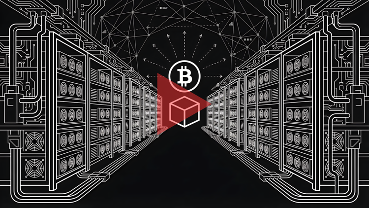 Graphic for What Is Bitcoin Mining? Video Explainer with racks of ASIC miners, a Bitcoin logo, and a red play button.