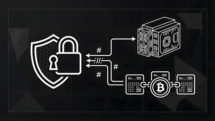 Gemini said Minimalist line-art of a security shield and lock connected to an ASIC miner and Bitcoin blockchain, illustrating how Proof of Work secures the network with hash calculations.