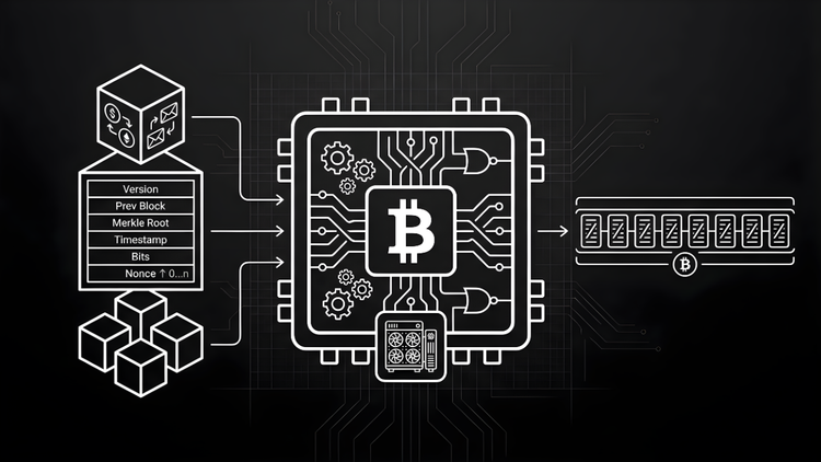 Graphic for What Is a Hash? showing input data, a Bitcoin processing chip representing the SHA-256 algorithm, and a fixed-length digital fingerprint output.