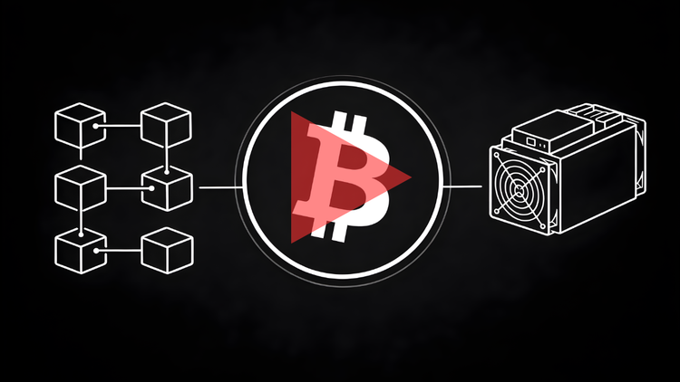 Graphic for What is Bitcoin? Video Explainer featuring a blockchain diagram, the Bitcoin symbol with a red play button, and an ASIC miner icon on a black background.