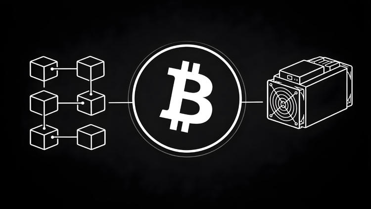 Graphic for What is Bitcoin? illustrating a chain of blocks, the Bitcoin symbol, and an ASIC miner, showing the relationship between blockchain technology and proof-of-work mining.