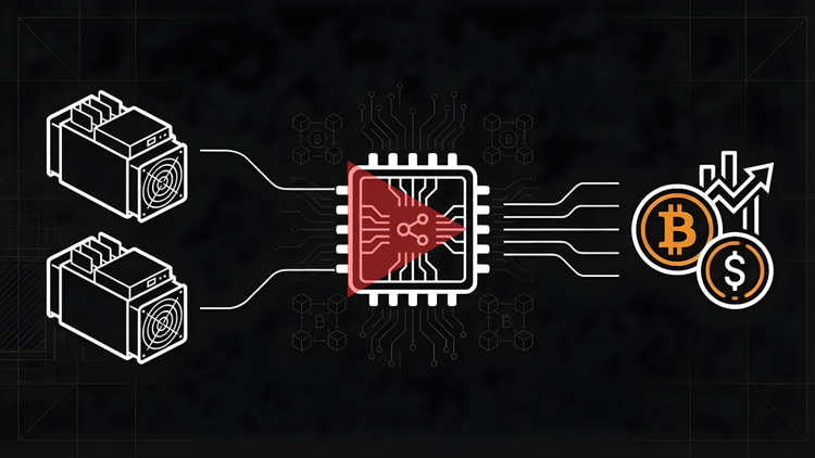 Graphic for What is Hashprice? Video Explainer featuring two Bitcoin miners, a central processing chip with a red play button, and Bitcoin and dollar symbols with a growth chart.