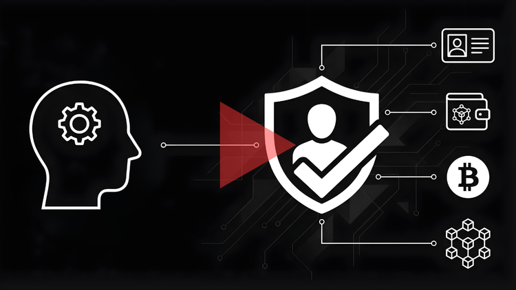 Graphic for What Is KYC? Video Explainer featuring a human profile, a security shield with a red play button, and icons for identity, wallets, Bitcoin, and blockchain.