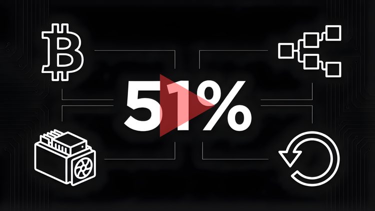 Graphic for What is a 51% Attack? Video Explainer featuring the Bitcoin symbol, a blockchain diagram, an ASIC miner, and a red play button over the number 51%.