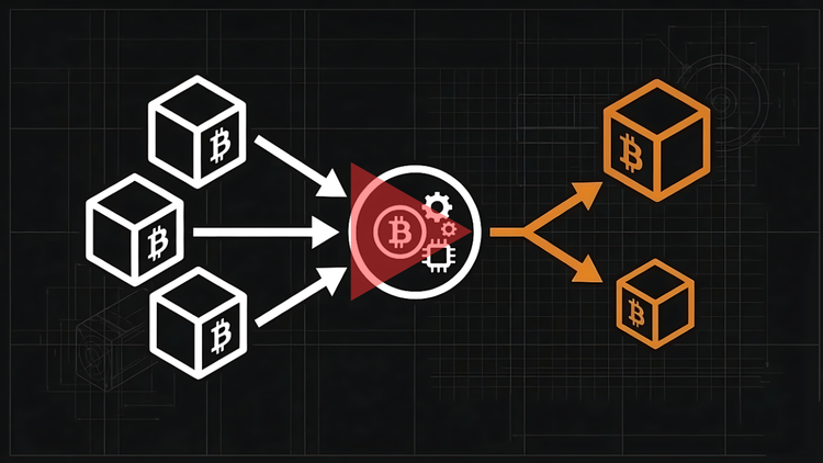 Graphic for What is a UTXO? Video Explainer featuring Bitcoin transaction inputs, a central processor with a red play button, and new transaction outputs on a blueprint background.