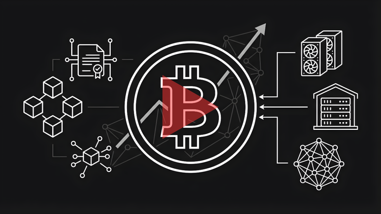 Graphic for Will Bitcoin Be Replaced? Video Explainer with a central Bitcoin symbol, red play button, altcoin icons, and mining infrastructure on a black background.