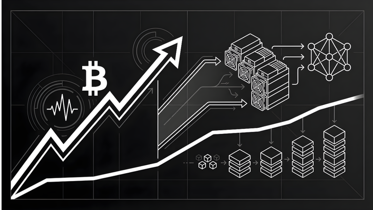 Line-art of a large upward Bitcoin price arrow and a steadier network hashrate line, featuring ASIC miner and blockchain icons on a black background.