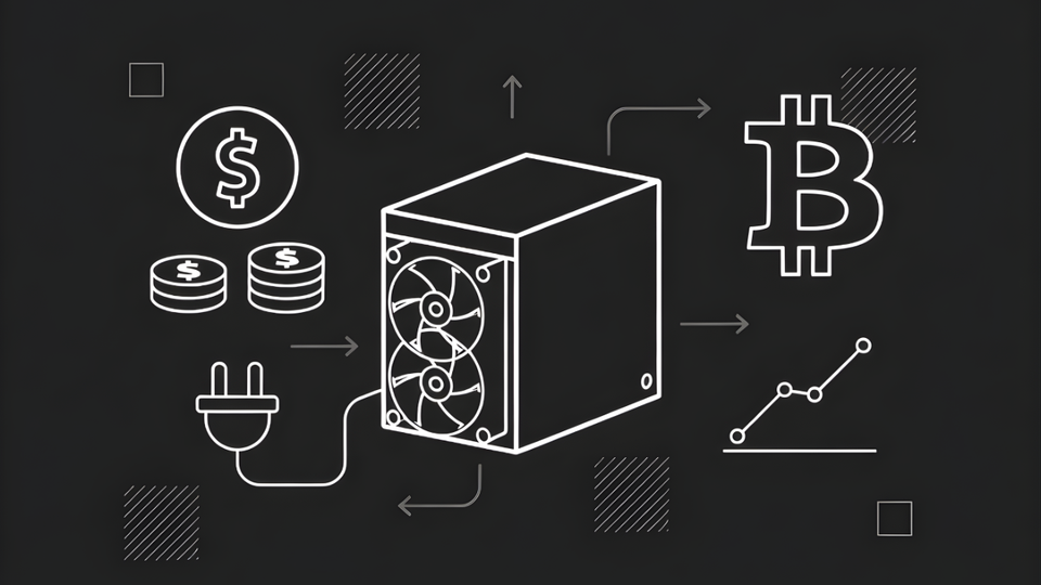 Illustration showing bitcoin mining process: electricity flowing into an ASIC miner, converting power into Bitcoin with an upward trending chart