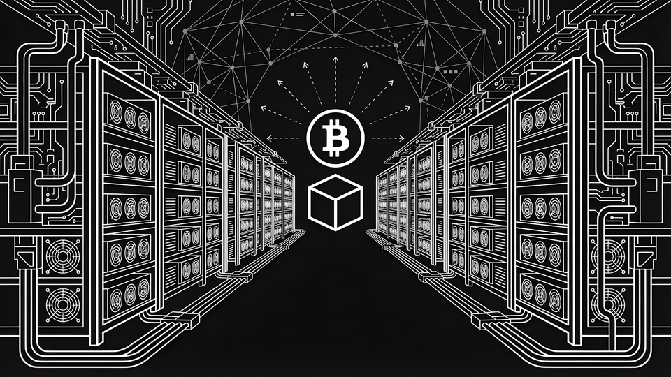 Illustration of Bitcoin mining facility with ASIC miners and blockchain network connections