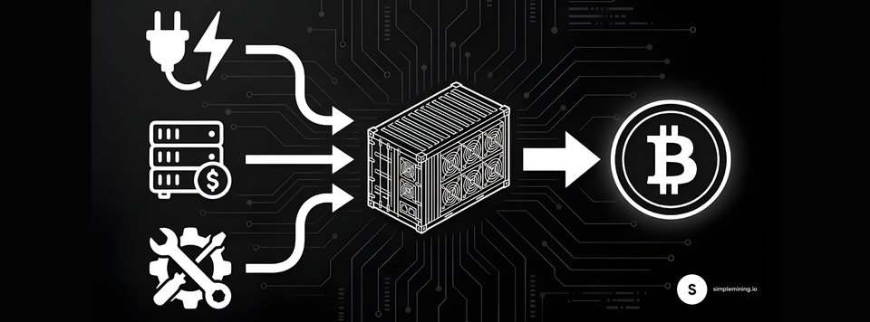 Diagram showing Bitcoin mining cost inputs: electricity, hosting, and repairs flowing through an ASIC miner to produce Bitcoin, with circuit board background