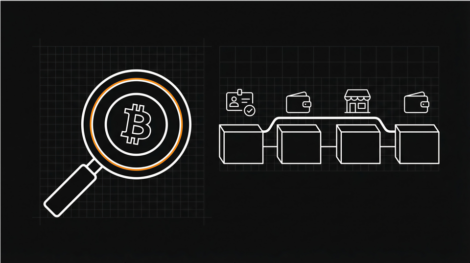 **Alt Text:** Magnifying glass examining Bitcoin symbol next to a blockchain diagram showing transaction flow through KYC verification, wallets, and merchants