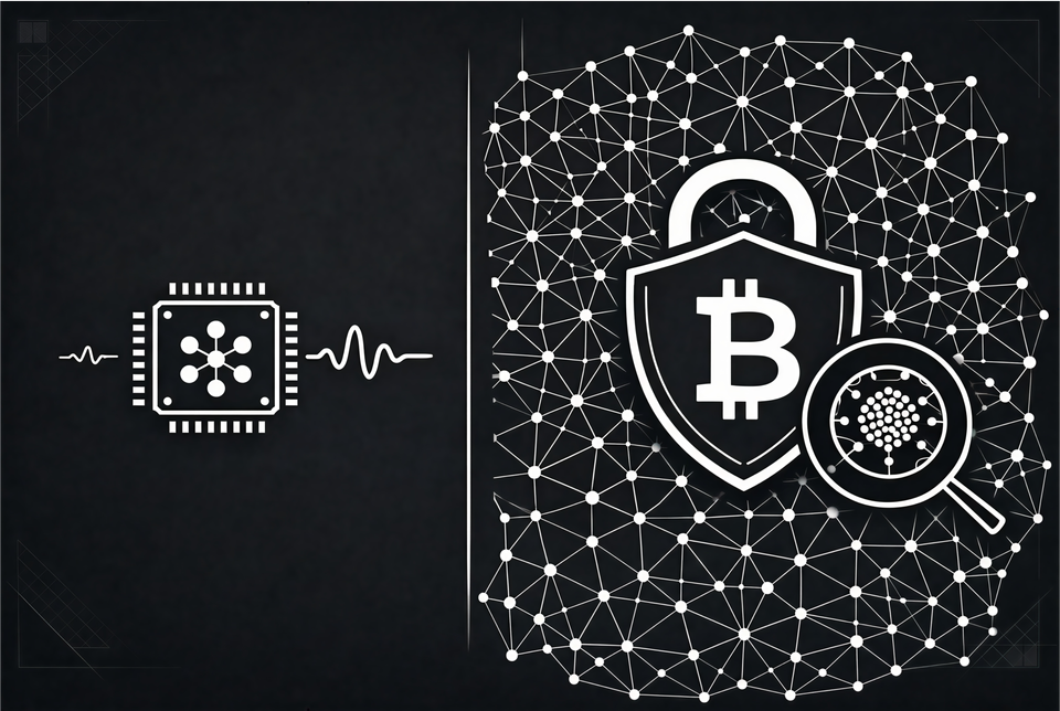 Minimalist vector of the 'Quantum Gap': tiny physical quantum chip (left) vs massive logical qubit shield lattice (right), highlighting the immense scale difference.