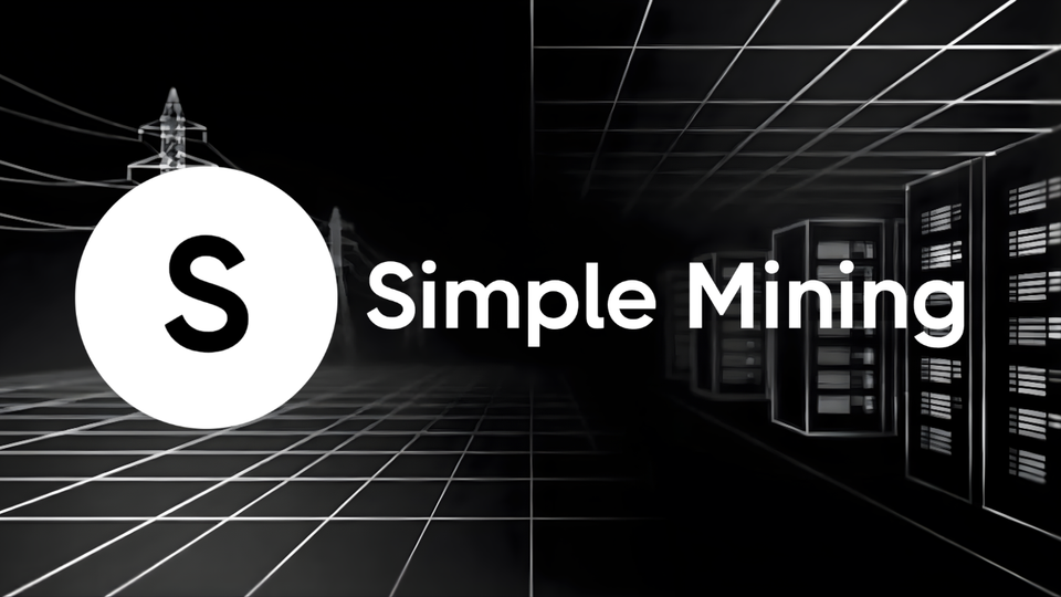 Simple Mining logo and text between an electrical power grid and a data center with server racks, representing 234 MW of shovel-ready AI infrastructure capacity.